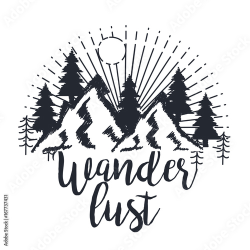 wanderlust hand drawn mountain adventure label nature vector illustration
