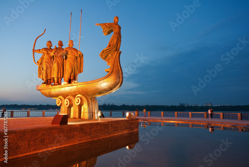 Monument to legendary founders of Kiev: Kiy, Schek, Khoryv and Lybid on Dnieper river coast, Kiev (Kyiv), Ukraine