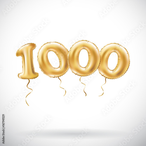 vector Golden number 1000 one thousand metallic balloon. Party decoration golden balloons. Anniversary sign for happy holiday, celebration, birthday, carnival, new year.