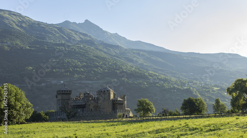 Beautiful old castle in Aosta Valley with sunrise