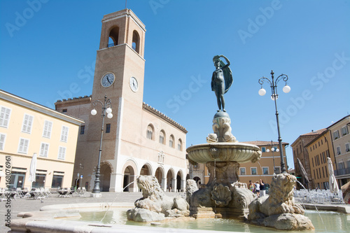 Fano, Pesaro, Marche, Italy. Palazzo del Podesta and Statua della Fortuna