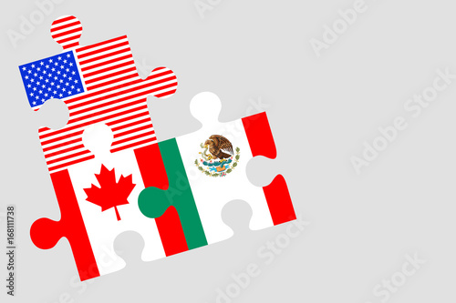 Canada, Mexico and US Flag Puzzle Pieces, conceptual image for Nafta agreement