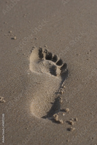 Footprint in damp sand on the beach