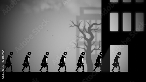 Depressed white-collar workers marching to their daily office jobs. Conceptual illustration with a dark, dystopian feel, like George Orwell's 1984 or Metropolis.