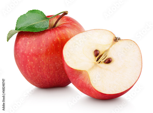 Dojrzała czerwona jabłczana owoc z jabłczaną połówką i zielonym liściem odizolowywającymi na białym tle. Jabłka i liść z ścinek ścieżką