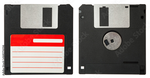 Front and back of a black floppy disk