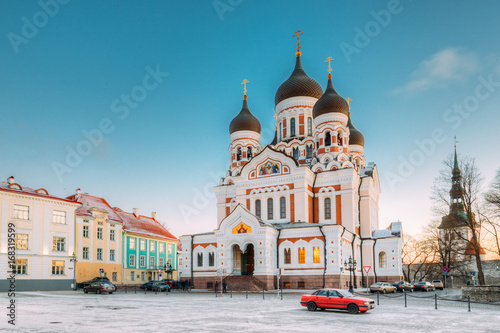 Tallinn, Estonia. Morning View Of Alexander Nevsky Cathedral. Famous Orthodox Cathedral Is Tallinn's Largest And Grandest Orthodox Cupola Cathedral.
