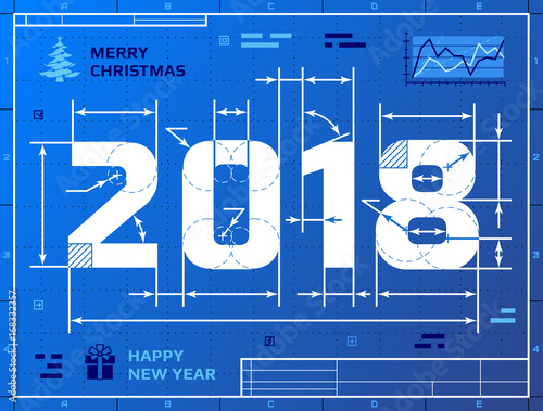 Card of New Year 2018 as blueprint drawing. Stylized drafting of 2018 on blueprint paper. Vector illustration for new years day, christmas, winter holiday, new years eve, engineering, silvester, etc