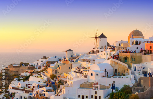 view on Oia village during sunset, Santorini island, Cyclades, Greece