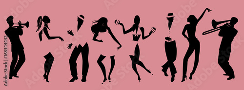 Silhouettes of people dancing salsa and musicians playing latin music