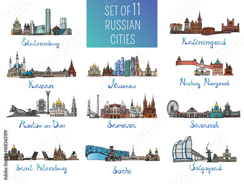 Set of 11 russian cities - Moscow, Saint Petersburg, Kazan, Volgograd and other. Vector Illustration. Russian architecture. Color silhouettes of famous buildings located in the cities