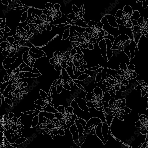 Seamless pattern with hand drawn flowers in sketch style. With silver flowers on a black background