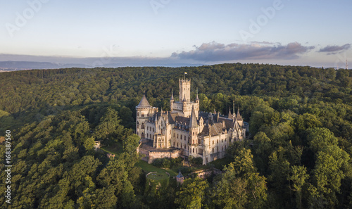 Aerial view of a Gothic revival Marienburg castle in Lower Saxony, Germany