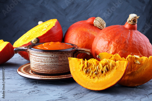 Pumpkin soup with fresh autumn hokkaido pumpkins