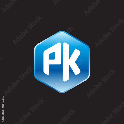 Initial letter PK, modern glossy hexagon logo, gradient blue color on black background 