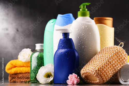 Plastic bottles of body care and beauty products