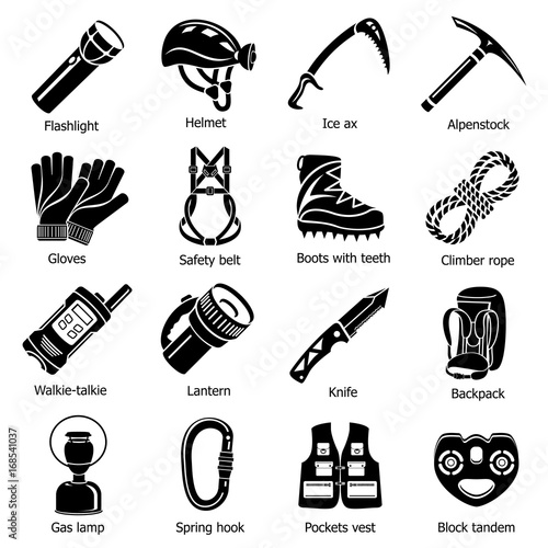 Speleology equipment icons set, simple style