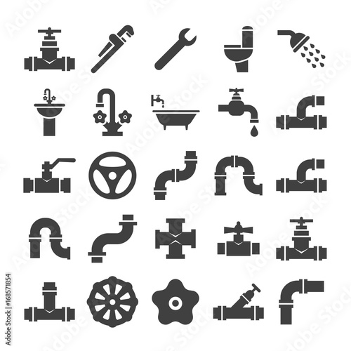 Sanitary engeneering, valve, pipe, plumbing service objects icons collection