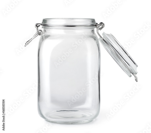 Opened empty glass jar isolated on a white background