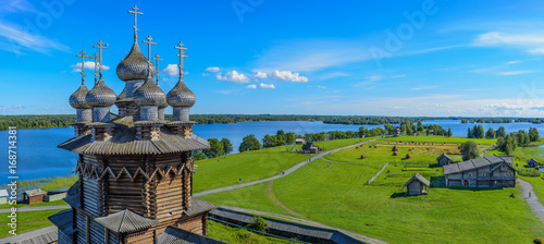 Panorama of Kizhi Island from the bell tower. In the foreground Church of the Intercession of the Virgin. Kizhi island (pogost), Onega lake, Karelia, Russia.