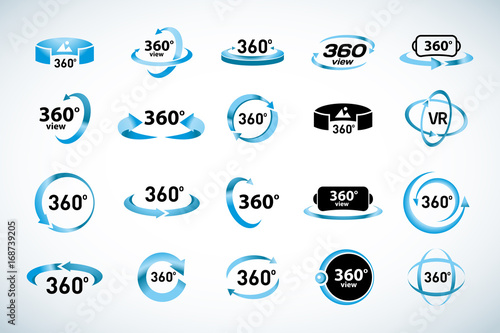 360 Degrees View Vector Icons set. Virtual reality icons. Isolated vector illustrations. Blue Color version.