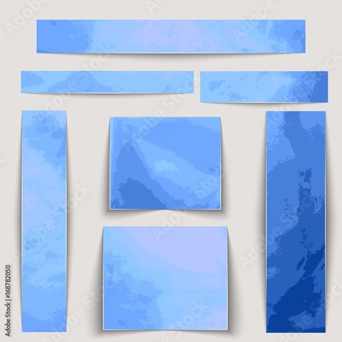 Textured banners set. Texture blue watercolor stains of different sizes.