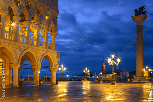Piazza San Marco with the Doge's Palace (Palazzo Ducale) and the Column of St. Mark at night, Venice, Italy