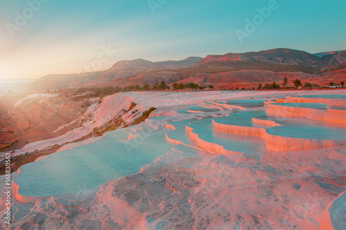 Natural travertine pools and terraces in Pamukkale. Cotton castle in southwestern Turkey