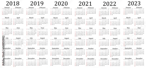 Six year calendar - 2018, 2019, 2020, 2021, 2022 and 2023 in white background.