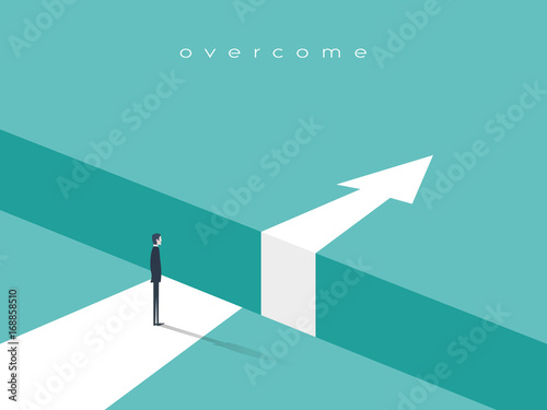 Business challenge or obstacle vector concept with businessman standing on the edge of gap, chasm with arrow going through. Concept of courage, bravery, risk.