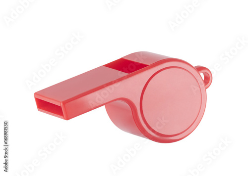 Red plastic whistle on a white background with clipping path