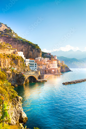 Morning view of Amalfi cityscape on coast line of mediterranean sea, Italy 