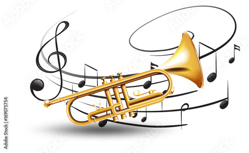 Golden trumpet with music notes in background