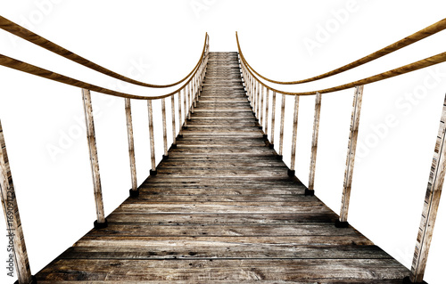 Old wooden suspended bridge isolated on white background. 3D illustration