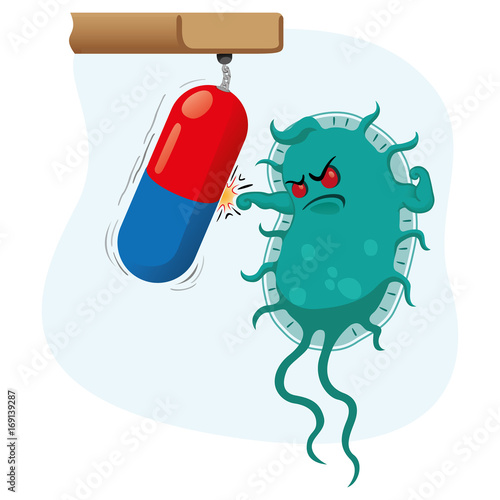 Cartoon representation of a superbug a microorganism, being strong and tough because of drug or antibiotic. Ideal for informative and medicinal materials