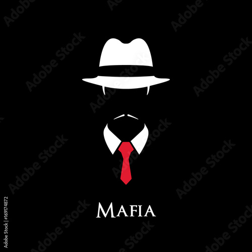 White Silhouette of an Italian Mafia with a red tie on a black background.