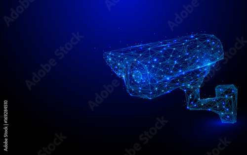 Low polygon CCTV security camera wireframe mesh on blue background