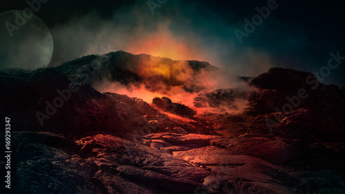 Fantasy close up scene of active volcano with fire, ice and smoke on the top. Iceland, Europe.