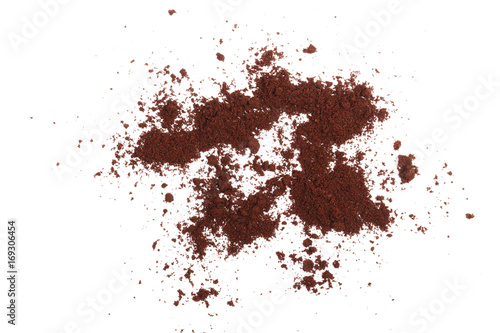 Pile of powdered, instant coffee isolated on white background, top view