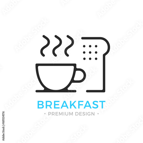 Breakfast icon. Coffee cup and toast. Outline breakfast logo. Sliced bread and cup of coffee. Vector thin line icon