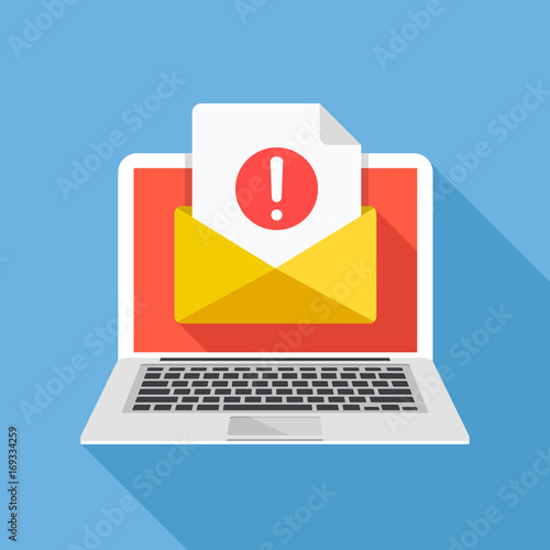 Laptop with envelope and document with exclamation point on screen. Receive notification, alert message, warning, get e-mail, email, spam concepts. Flat design vector illustration