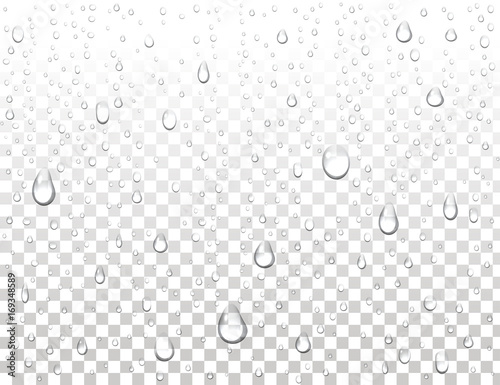 Realistic pure water drops on isolated background. Clean water drop condensation. Steam shower condensation on vertical surface. Vector illustration.