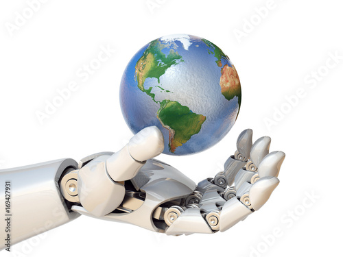 Robot hand holding planet Earth 3d rendering
