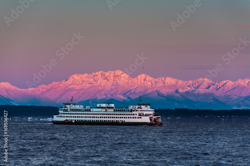 Ferry crossing Puget Sound. Snow capped Olympic Mtns.