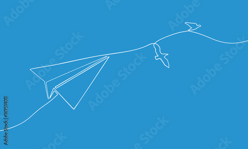 One line drawing of flying paper airplane for finance and business concept