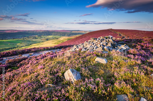 Cairn on Simonside Hills Ridge, popular with walkers and hikers they are covered with heather in summer, and are part of Northumberland National Park, overlooking the Cheviot Hills