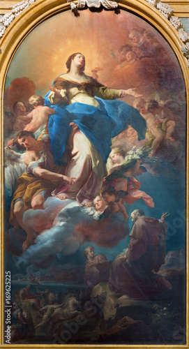 TURIN, ITALY - MARCH 16, 2017: The painting of Virgin Mary with prophet Elijah in church Chiesa della Madonna del Carmine by Giuseppe Turinetti di Priero and Giaquinto da Molfetta (1741).