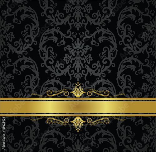 Seamless black floral wallpaper and gold ribbon
