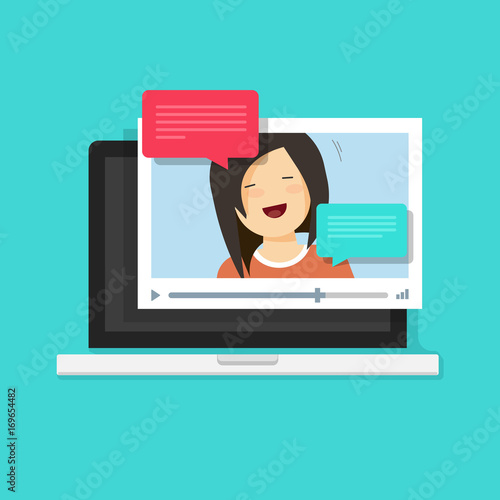 Video chatting online on computer vector illustration, flat cartoon video player window with speaking happy girl and bubble speeches messages on laptop, concept of on-line chat app, internet talk call