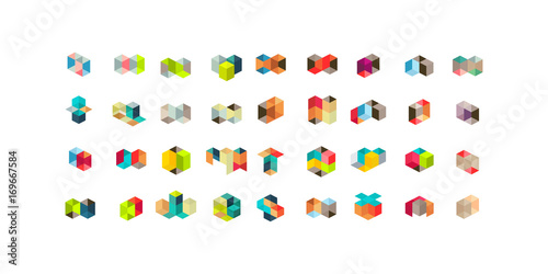 Big Set of minimal geometric multicolor shapes. Trendy hipster icons and logotypes. Business signs symbols, labels, badges, frames and borders
